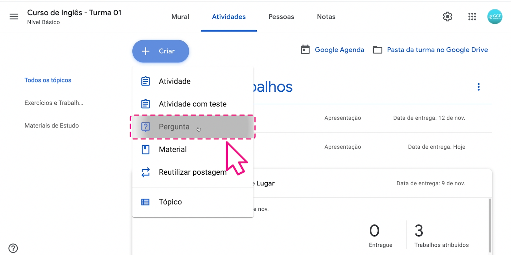 como criar atividades, exercícios e trabalhos no google sala de aula  33